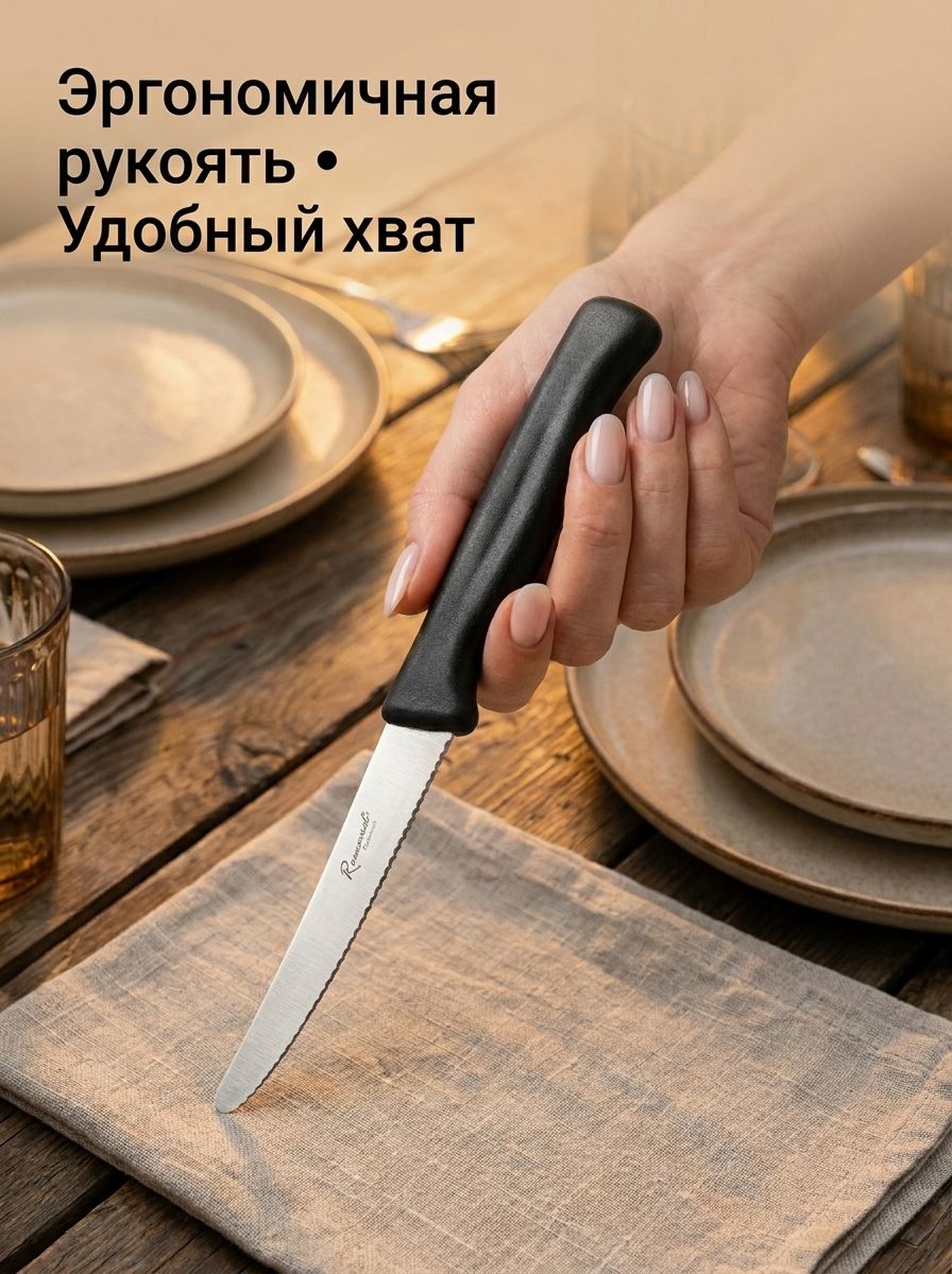 Итальянский столовый нож для мяса с волнистым лезвием / 11 см / закругленный кончик